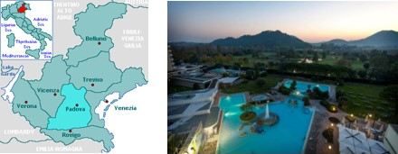ilustracja do włoskiego pilotażu w projekcie Healing Places - mapa Włoch oraz zdjęcie basenów z wodą termalną